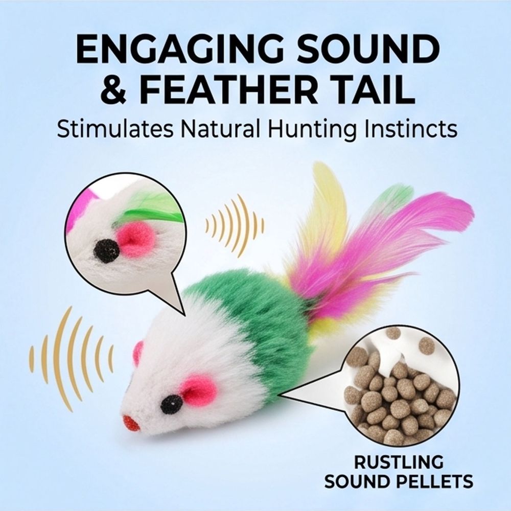 20PCS Cat Play Mice, Plush Interactive Cat Play Set with Tails, Colorful Feather Mice for Indoor Active Play & Stimulation