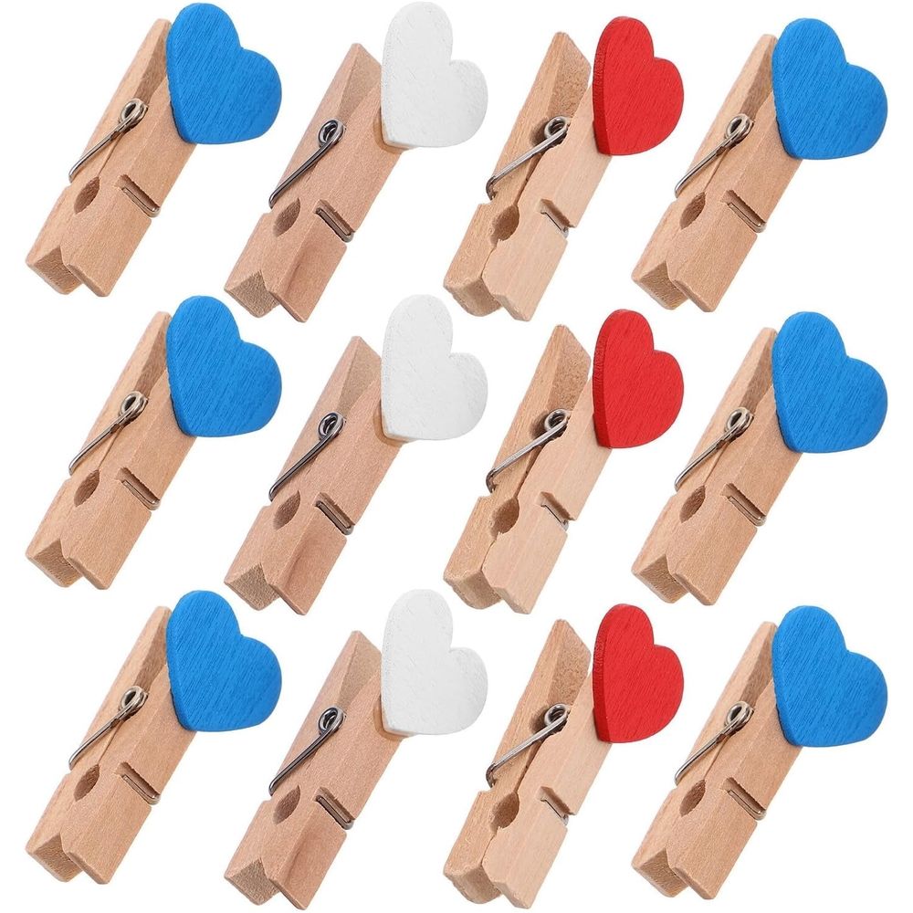 60pcs Mini Wooden Clothespins Clips Decorative White Heart - Party Decor and Photo Hanging Clips