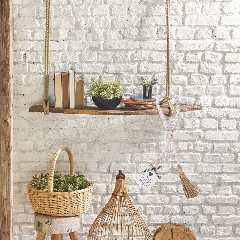 Wooden Beaded Garland with Tassels - Rustic Home Decor, Rope & Wood, for Fireplace or Wall
