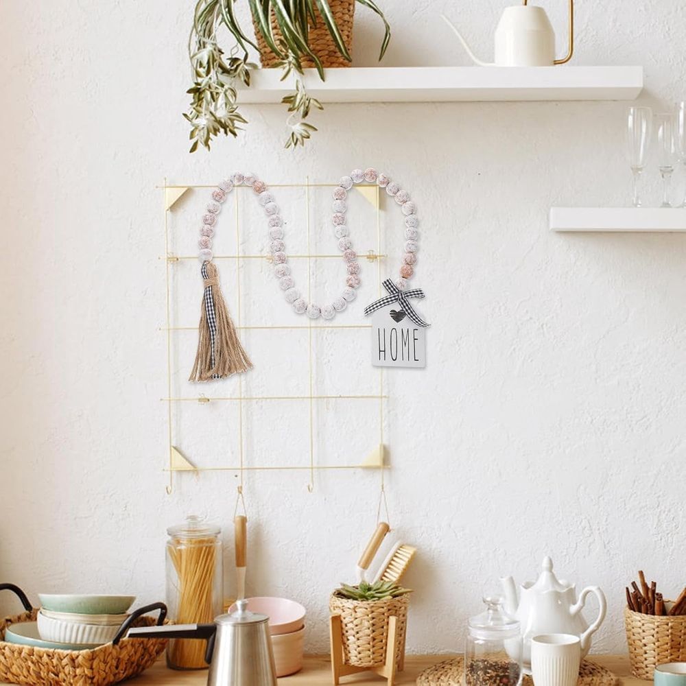 Wooden Beaded Garland with Tassels - Rustic Home Decor, Rope & Wood, for Fireplace or Wall