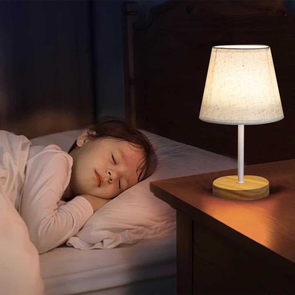 3 Way Dimmable Table Lamp 26.5x15cm Solid Wood LED Nightstand Bedside Adjustable Brightness Flaxen Shade Living Room Bedroom Office Dorm