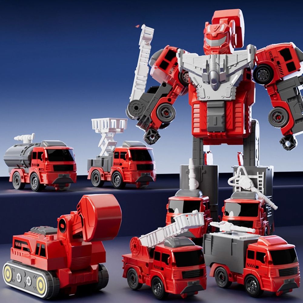 Puzzle Transformation Fire Truck and Engineering Vehicle 5-in-1 Robot Model, Press & Go Cars for Early Education, Red Yellow, 23x16x13cm/9.05x6.29x5.1in