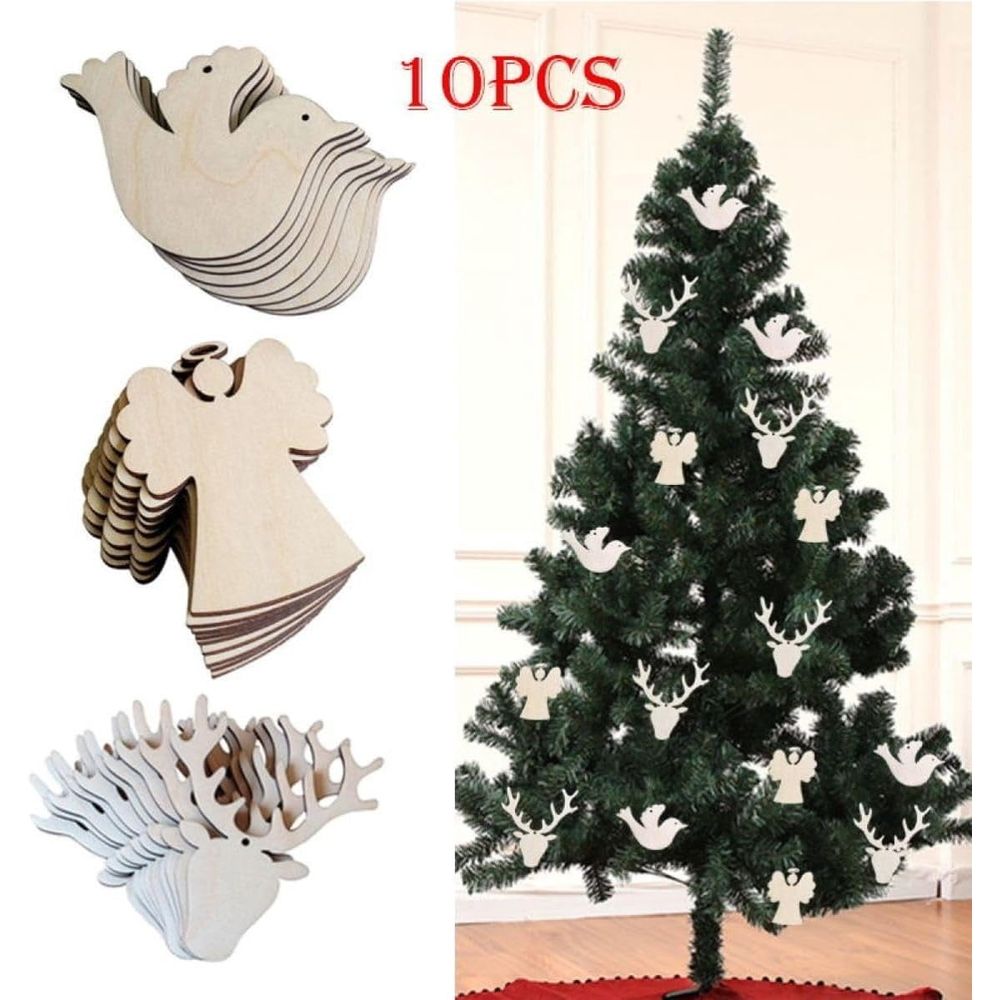 10pcs Wooden Christmas Bird Hanging Ornament, Carved Craft Decor with Rope for Door and Home Party