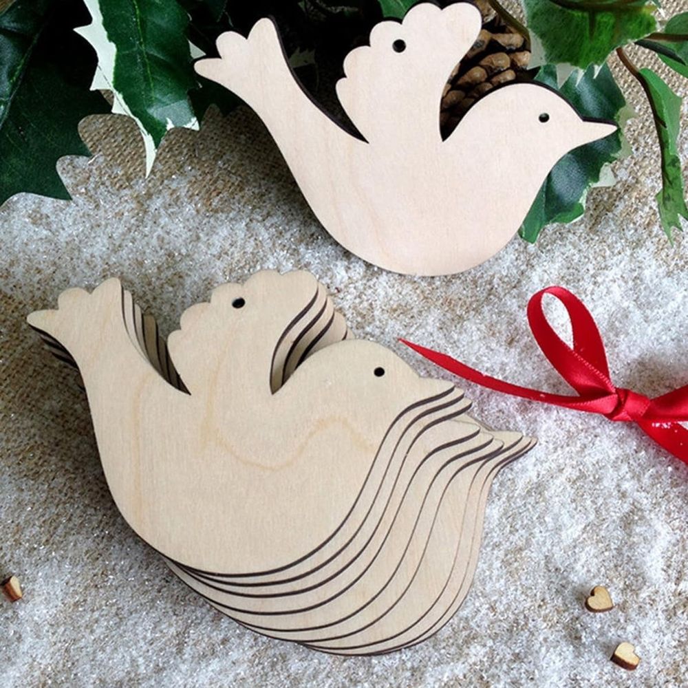 10pcs Wooden Christmas Bird Hanging Ornament, Carved Craft Decor with Rope for Door and Home Party