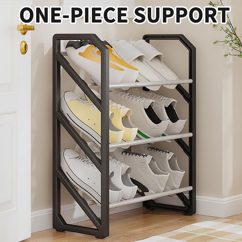 3-Tier Shoe Rack Storage, Stainless Steel Shoe Organizer Stand, Angled Stackable Shoe Rack Shelf up to 6 Pairs, Shoe Tower for High Heels Sneakers, Shoe Rack for Closet Entryway (Black)