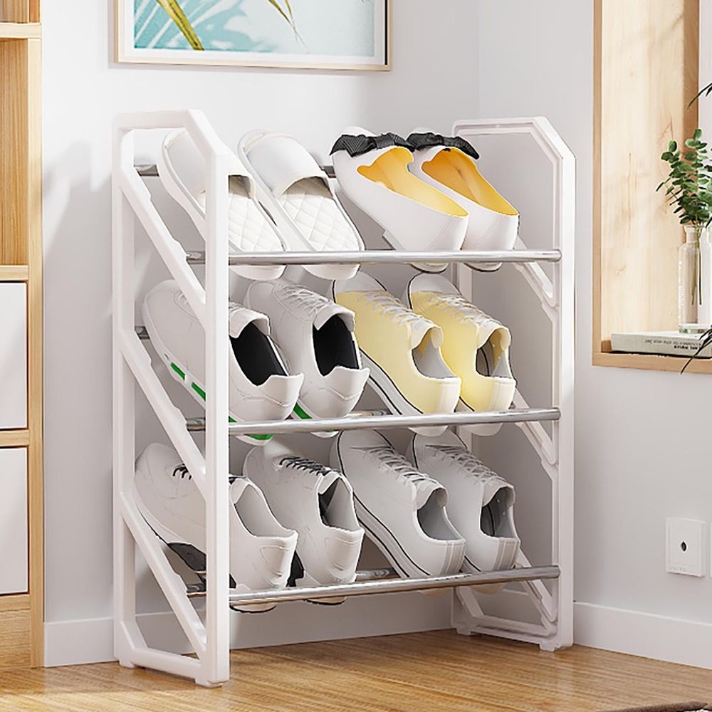 3-Tier Shoe Rack Storage, Stainless Steel Shoe Organizer Stand, Angled Stackable Shoe Rack Shelf up to 6 Pairs, Shoe Tower for High Heels Sneakers, Shoe Rack for Closet Entryway (Black)