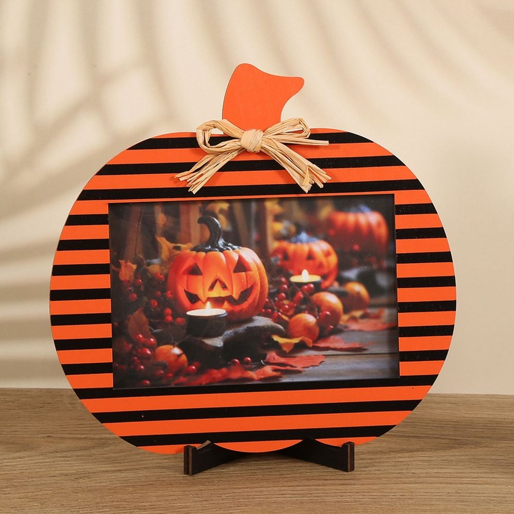 Halloween Pumpkin Picture Frames, Orange Black Pumpkin Shape Wooden Photo Frames, Natural Photo Frames, Ideal for Fall Party Home, Halloween Thanksgiving Decoration Supplies, Round (B)