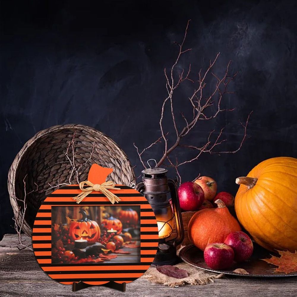 Halloween Pumpkin Picture Frames, Orange Black Pumpkin Shape Wooden Photo Frames, Natural Photo Frames, Ideal for Fall Party Home, Halloween Thanksgiving Decoration Supplies, Round (B)