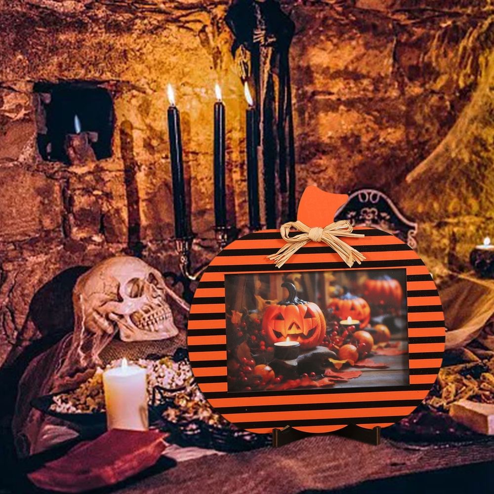 Halloween Pumpkin Picture Frames, Orange Black Pumpkin Shape Wooden Photo Frames, Natural Photo Frames, Ideal for Fall Party Home, Halloween Thanksgiving Decoration Supplies, Round (B)