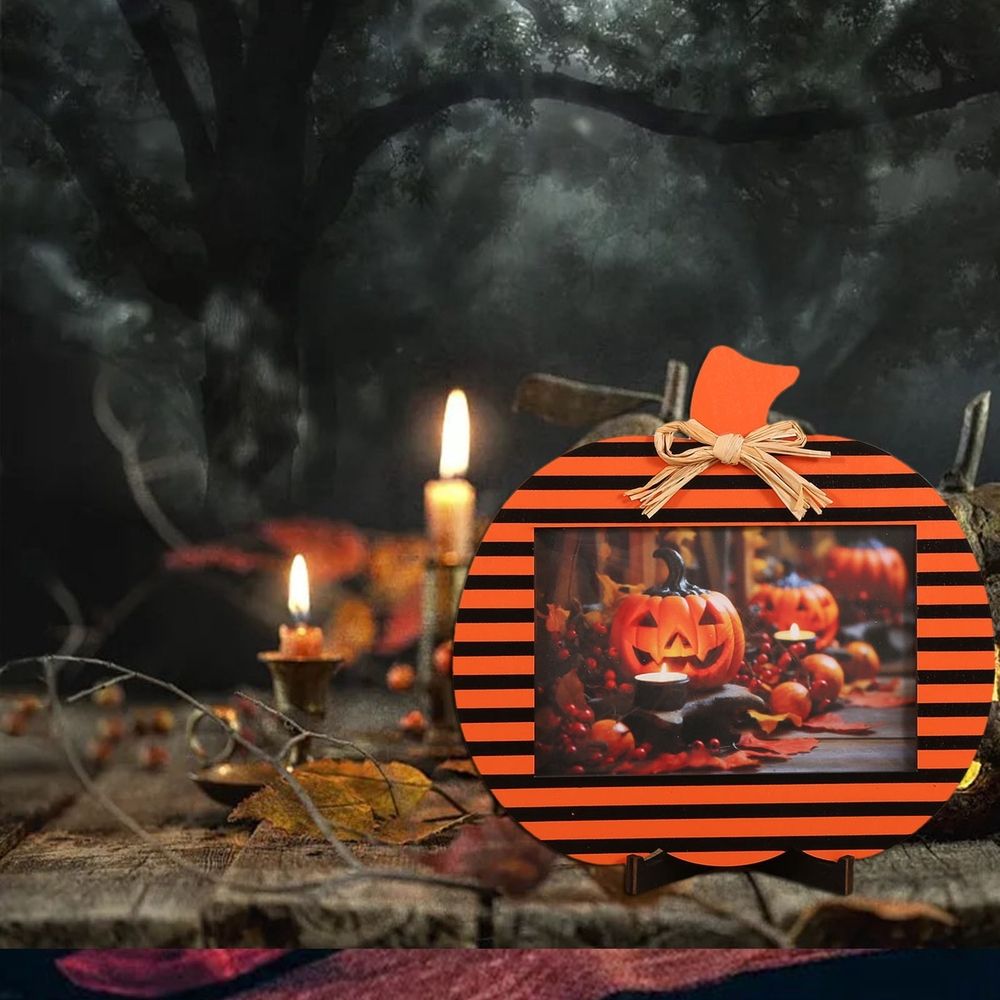 Halloween Pumpkin Picture Frames, Orange Black Pumpkin Shape Wooden Photo Frames, Natural Photo Frames, Ideal for Fall Party Home, Halloween Thanksgiving Decoration Supplies, Round (B)