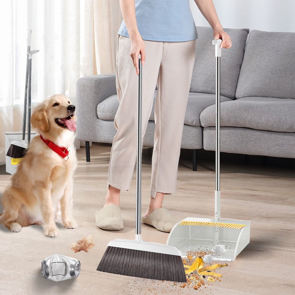 Broom and Dustpan Set, Upright Stand Up Broom and Dustpan Combo, Dustpan and Broom Set with 33 inch Long Handle, Ideal for Home Kitchen Room Office Lobby Floor Use, Easy Storage, White