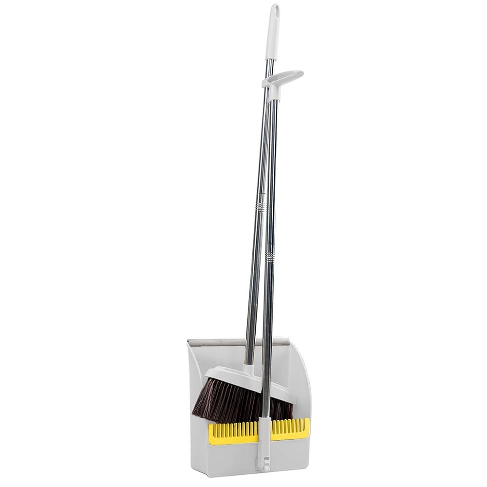 Broom and Dustpan Set, Upright Stand Up Broom and Dustpan Combo, Dustpan and Broom Set with 33 inch Long Handle, Ideal for Home Kitchen Room Office Lobby Floor Use, Easy Storage, White