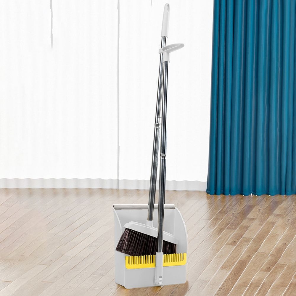 Broom and Dustpan Set, Upright Stand Up Broom and Dustpan Combo, Dustpan and Broom Set with 33 inch Long Handle, Ideal for Home Kitchen Room Office Lobby Floor Use, Easy Storage, White