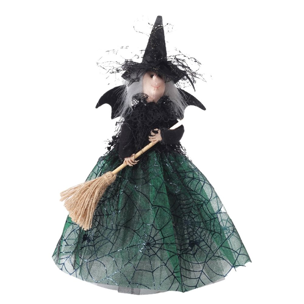 Halloween Witch Tree Topper, Witches with Hat Spider Web Dresses Tree Toppers, Broom Witch Christmas Decorations, Ideal for Trees Tabletop Ornament, Holiday Party Home Decor Indoor, Green