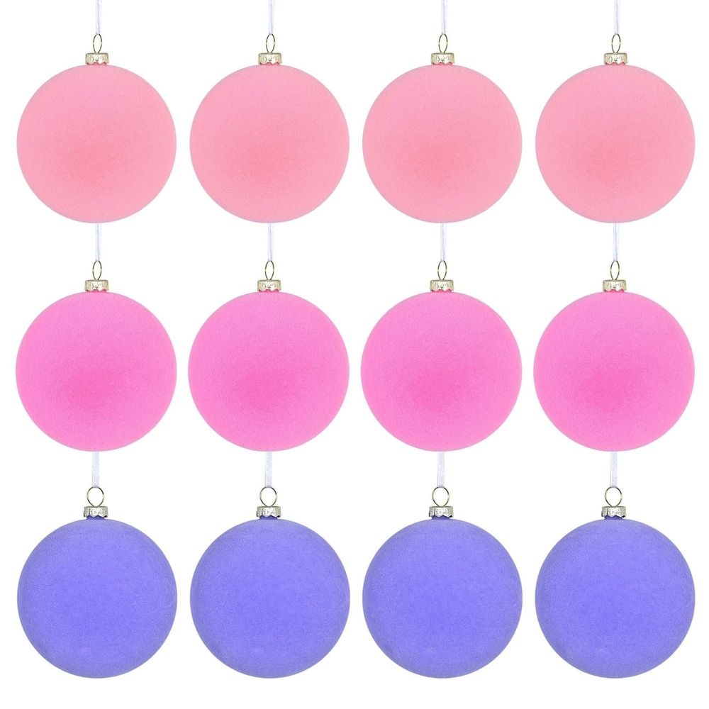 12ct Velvet Christmas Balls, Flocked Christmas Tree Ball Ornaments, Frosted Shatterproof Xmas Decorative Hanging Ornaments, 2.36 Inch, Perfect for Xmas Holiday Party, Pink-Hot Pink-Purple