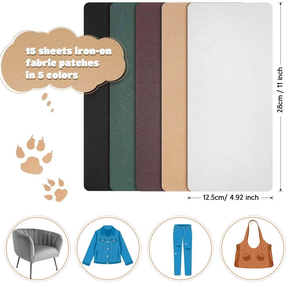 15 Pcs Iron-on Mending Fabric 4.92 x 11 Inch Iron on Clothes Patches Repair Kit for Pants Pockets Holes
