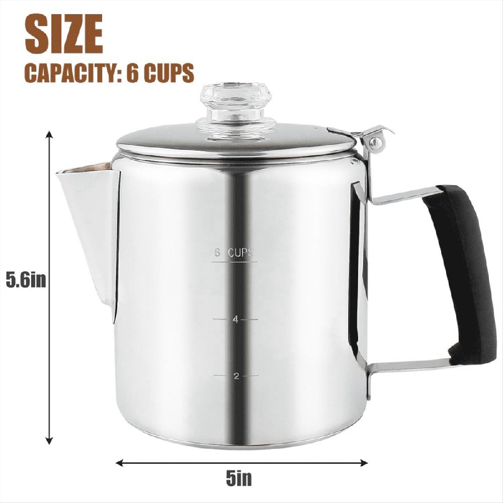 Multi Use Percolator Coffee Pot with Heat Glass Knob & Silica Gel Handle, for Indoor Induction Cooktop, 6 Cup