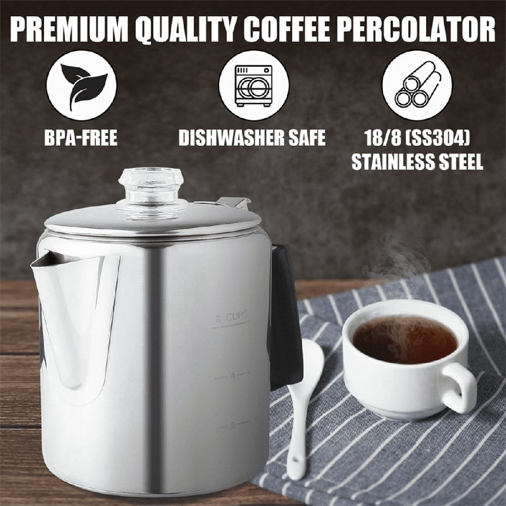 Multi Use Percolator Coffee Pot with Heat Glass Knob & Silica Gel Handle, for Indoor Induction Cooktop, 6 Cup