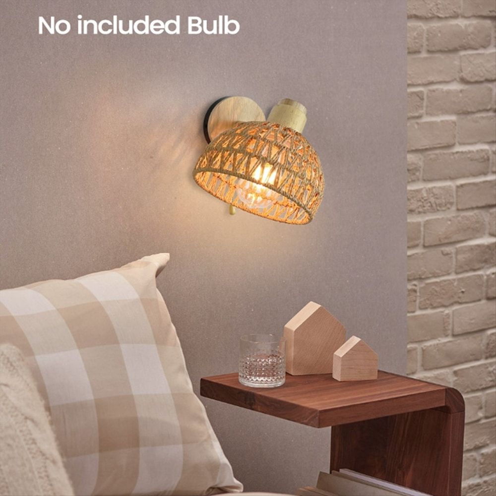 Rattan Wall Sconces Retro Japanese Style Bedside Wall Lamp for Bedroom Living Room Wall Light Zipper Lights US Plug