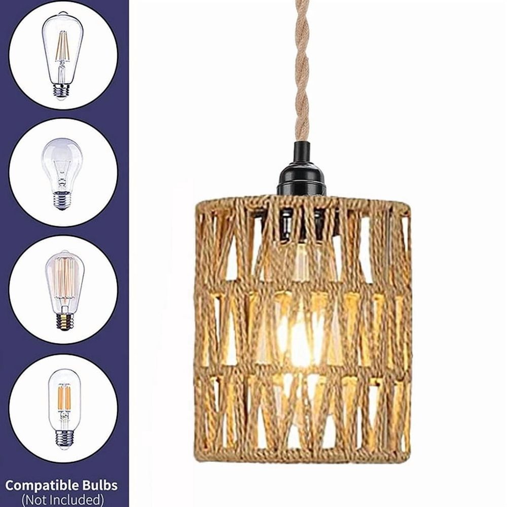 Plug in Pendant Light, Hanging Light with Plug in Cord, Ceiling Lamp Rattan Cylinder Lamp Shade Switch US Plug