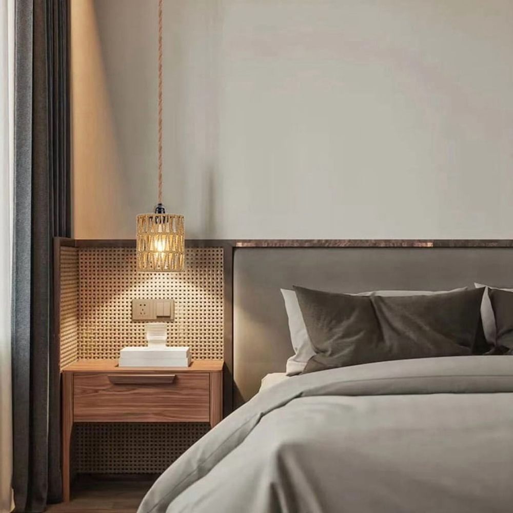 Plug in Pendant Light, Hanging Light with Plug in Cord, Ceiling Lamp Rattan Cylinder Lamp Shade Switch US Plug