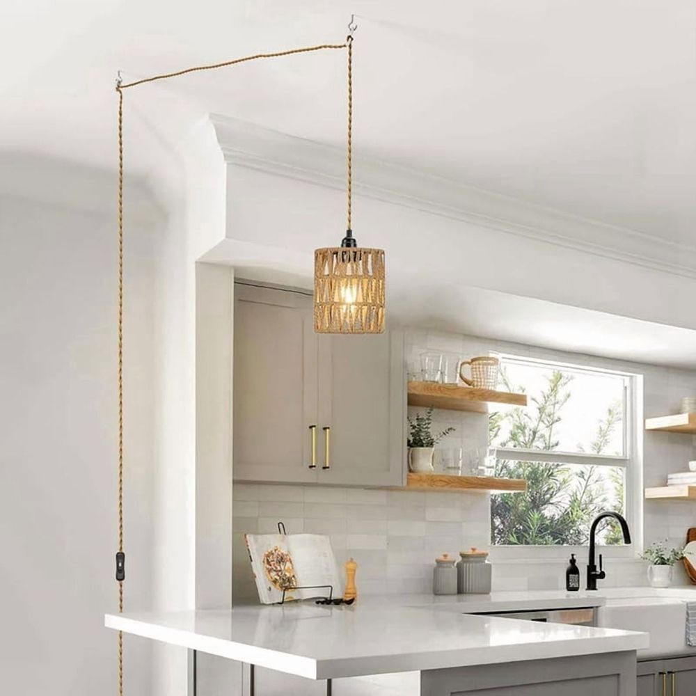 Plug in Pendant Light, Hanging Light with Plug in Cord, Ceiling Lamp Rattan Cylinder Lamp Shade Switch US Plug