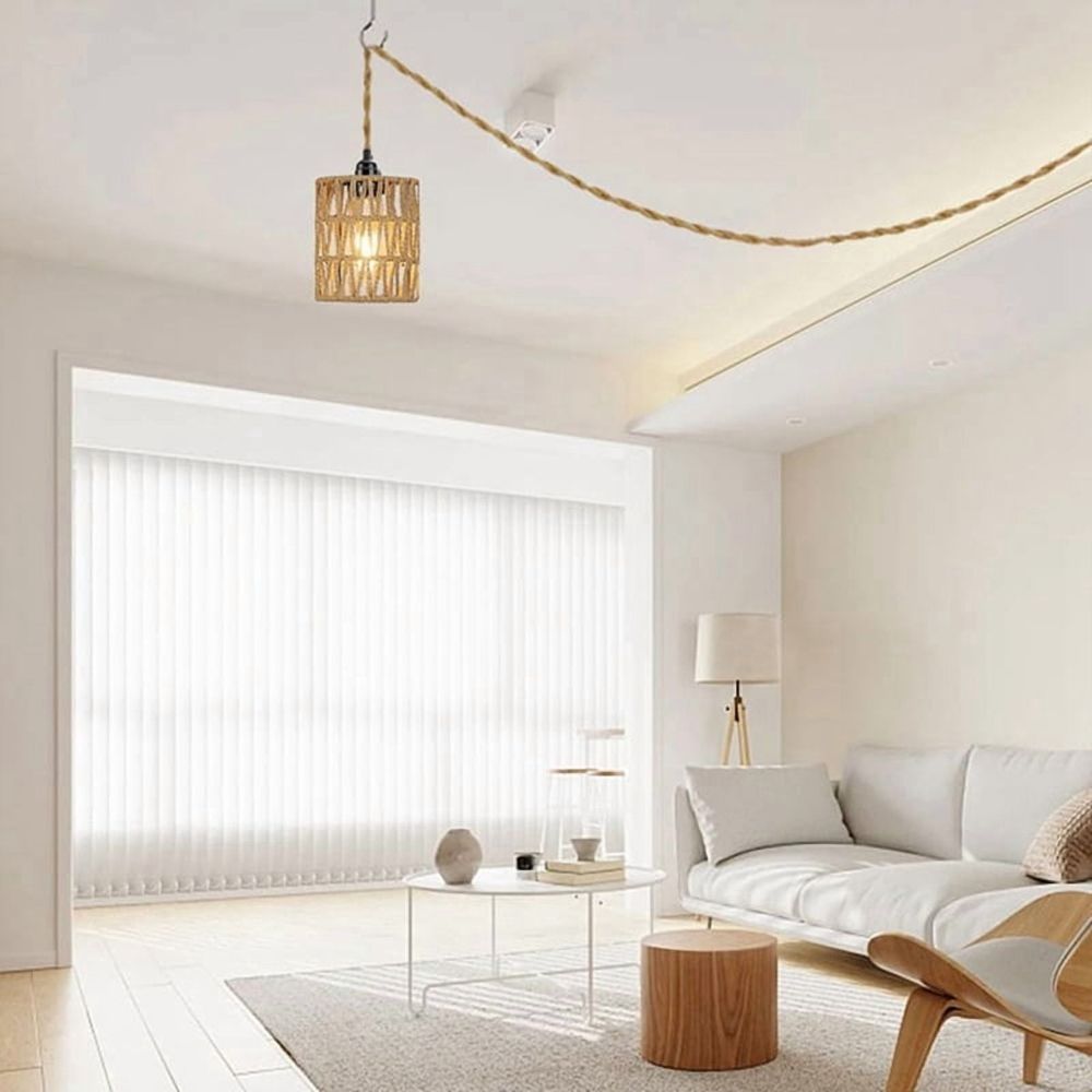 Plug in Pendant Light, Hanging Light with Plug in Cord, Ceiling Lamp Rattan Cylinder Lamp Shade Switch US Plug