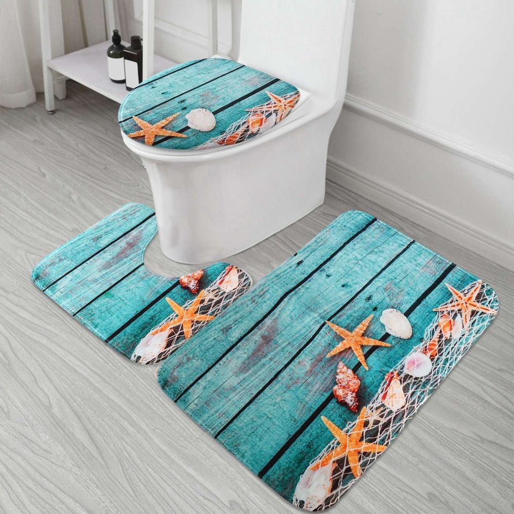 Beach Seashells Sand Bath Mat Holidays Summer Bathroom Carpet Rug Non- 3 Piece Toilet Mat Set Floor