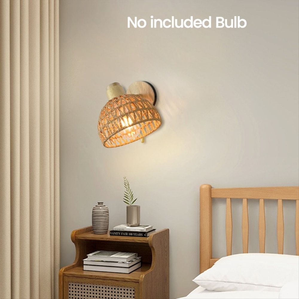 Rattan Wall Sconces Retro Japanese Style Bedside Wall Lamp for Bedroom Living Room Wall Light Zipper Lights US Plug