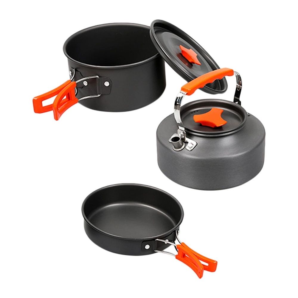 Portable Black Aluminum Camping Cookware Set with Pot, Pan, and Kettle for Outdoor Hiking and Travel