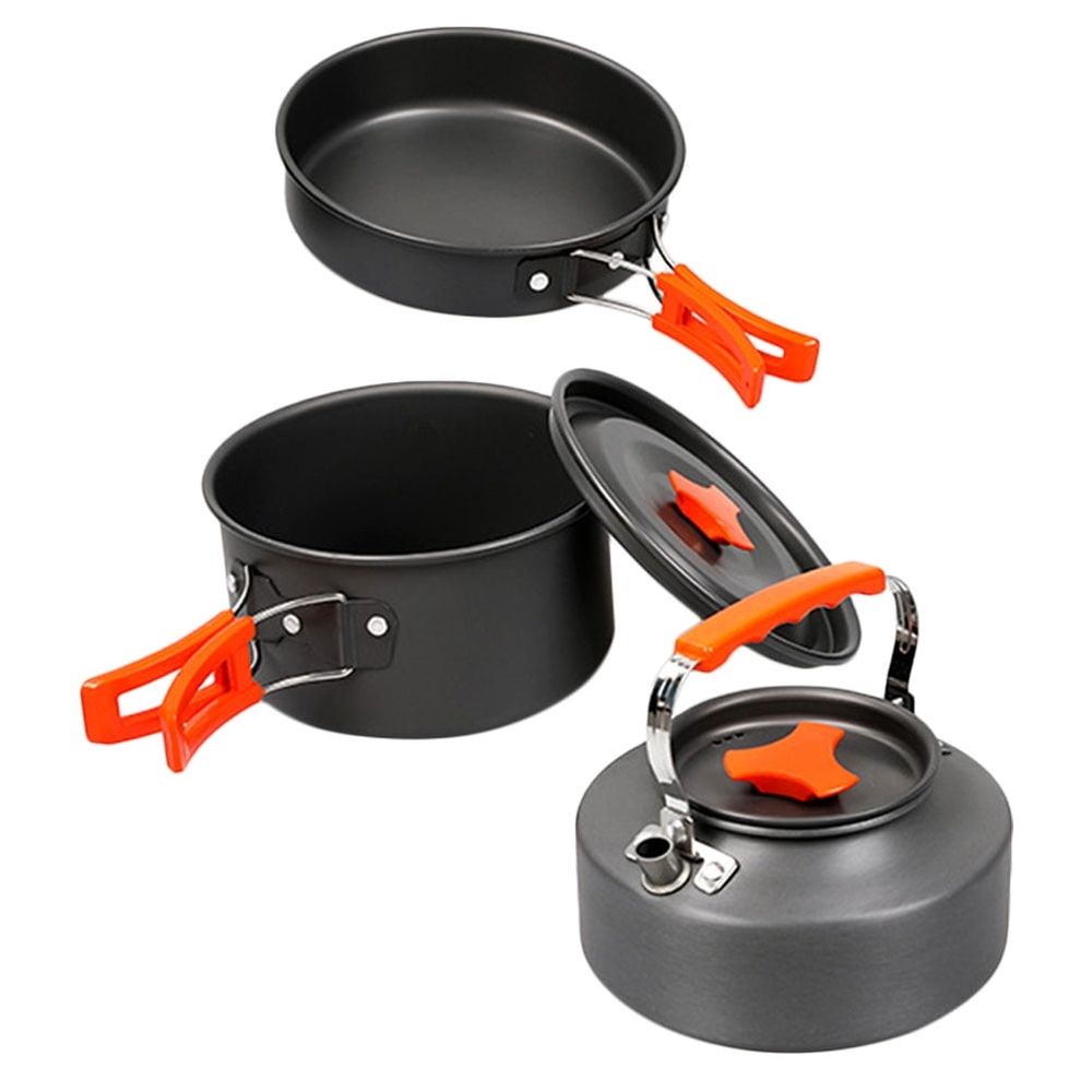Portable Black Aluminum Camping Cookware Set with Pot, Pan, and Kettle for Outdoor Hiking and Travel
