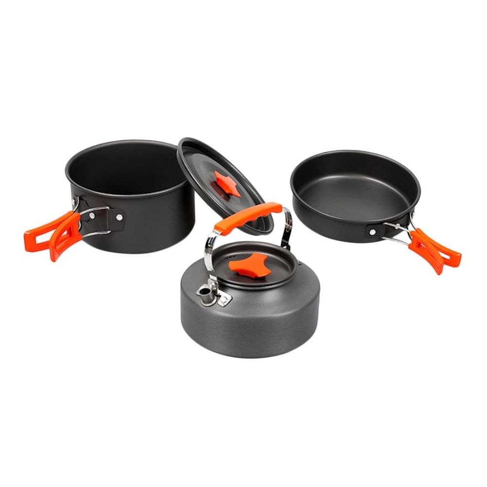 Portable Black Aluminum Camping Cookware Set with Pot, Pan, and Kettle for Outdoor Hiking and Travel