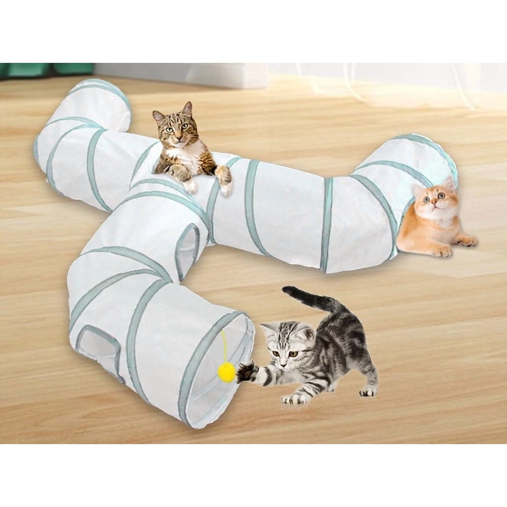 Gray Faucet Shaped Pet Tunnel Toy Collapsible Play Channel with Interactive Design for Cats Chinchillas and Ferrets Foldable Indoor Activity Exercise Tube Center Gear - White