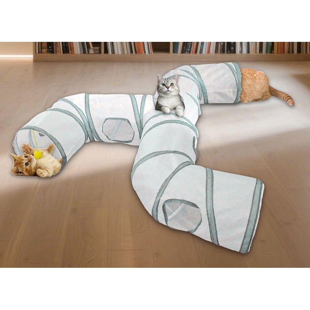 Gray Faucet Shaped Pet Tunnel Toy Collapsible Play Channel with Interactive Design for Cats Chinchillas and Ferrets Foldable Indoor Activity Exercise Tube Center Gear - White