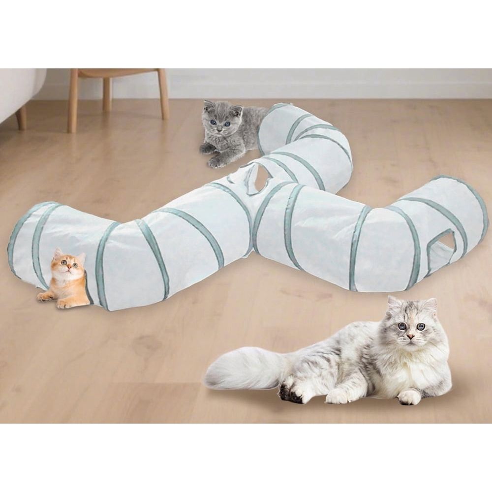 Gray Faucet Shaped Pet Tunnel Toy Collapsible Play Channel with Interactive Design for Cats Chinchillas and Ferrets Foldable Indoor Activity Exercise Tube Center Gear - White