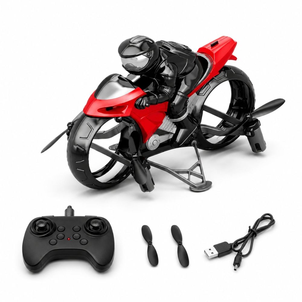 Remote Control Flying Motorcycle Drone 4-Axis Stunt Vehicle Model with 360 Degree Tumbling and Rolling Action Plastic Rechargeable with Spare Blades and USB Cable