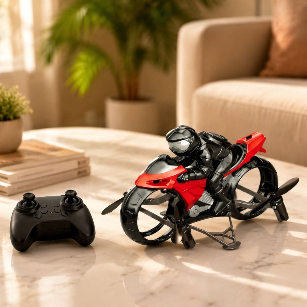 Remote Control Flying Motorcycle Drone 4-Axis Stunt Vehicle Model with 360 Degree Tumbling and Rolling Action Plastic Rechargeable with Spare Blades and USB Cable