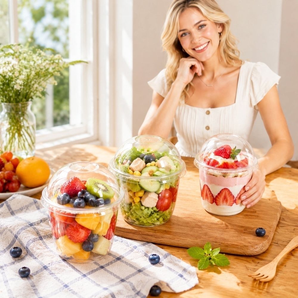 100 Pack Disposable Plastic Cups with Dome Cross Lids 8.45 Ounce Clear Round Fruit Containers for Milkshakes Yogurt Parfaits and Fruit Salads Dessert Serving Set