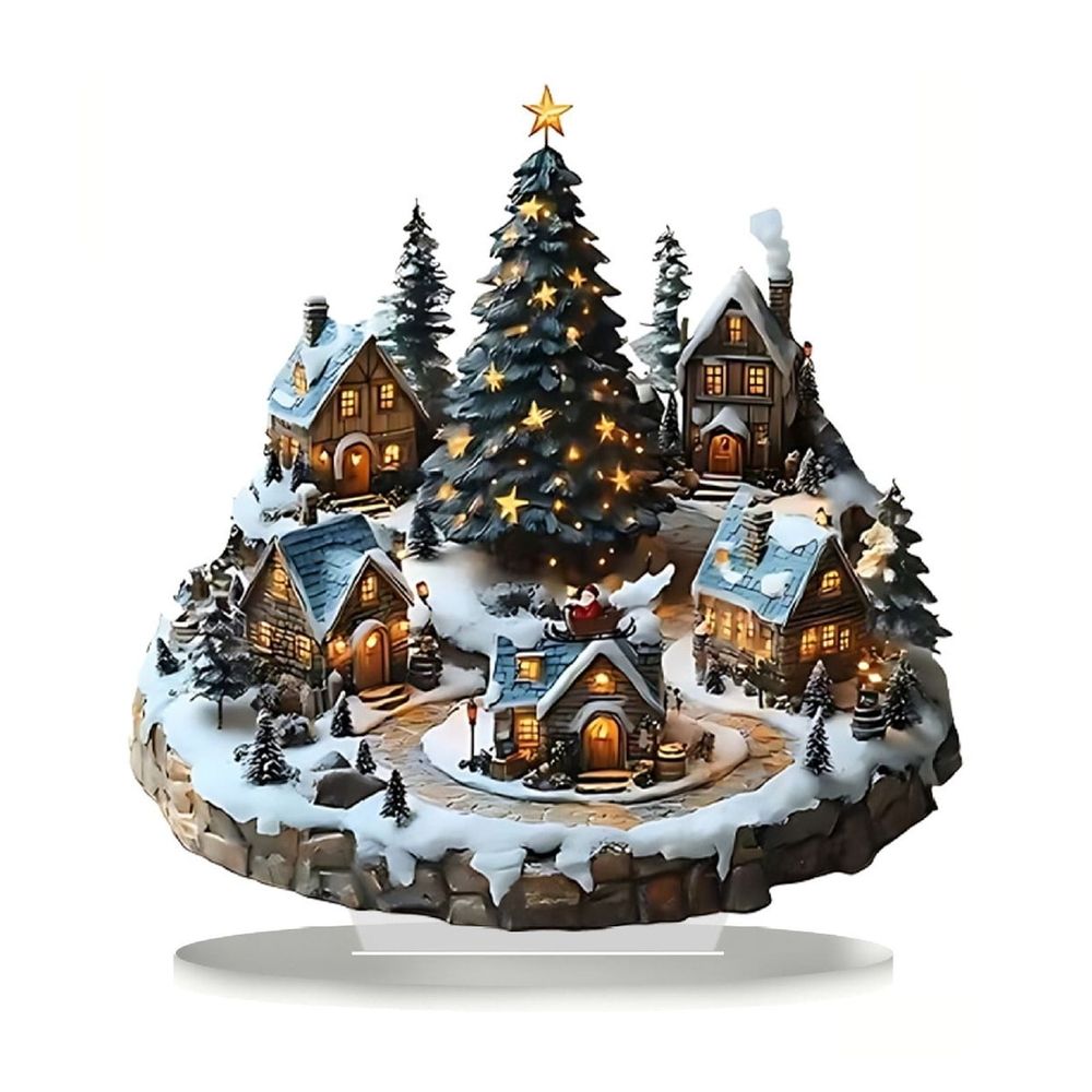 【Illuminated Christmas Tree, Snowy Village Scene】Holiday Acrylic Figurine Decor, Detailed Craftsmanship, Festive Centerpiece for Shelves Tabletop, Ideal for Home Decor Hosts