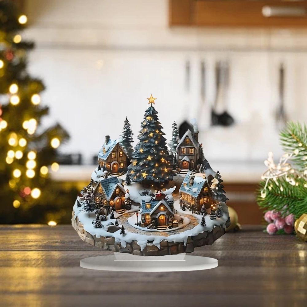 【Illuminated Christmas Tree, Snowy Village Scene】Holiday Acrylic Figurine Decor, Detailed Craftsmanship, Festive Centerpiece for Shelves Tabletop, Ideal for Home Decor Hosts