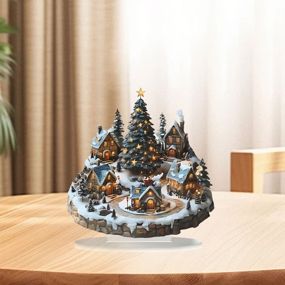【Illuminated Christmas Tree, Snowy Village Scene】Holiday Acrylic Figurine Decor, Detailed Craftsmanship, Festive Centerpiece for Shelves Tabletop, Ideal for Home Decor Hosts