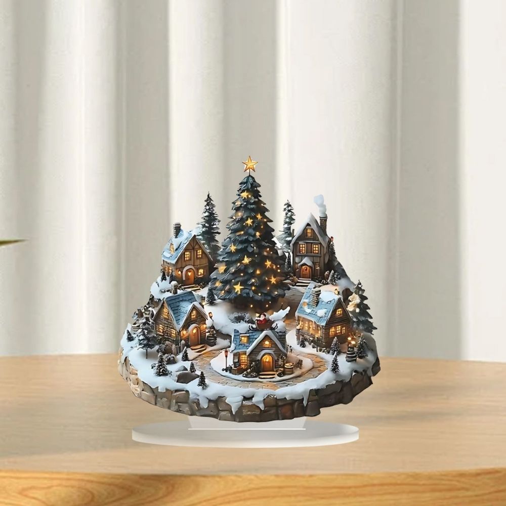 【Illuminated Christmas Tree, Snowy Village Scene】Holiday Acrylic Figurine Decor, Detailed Craftsmanship, Festive Centerpiece for Shelves Tabletop, Ideal for Home Decor Hosts