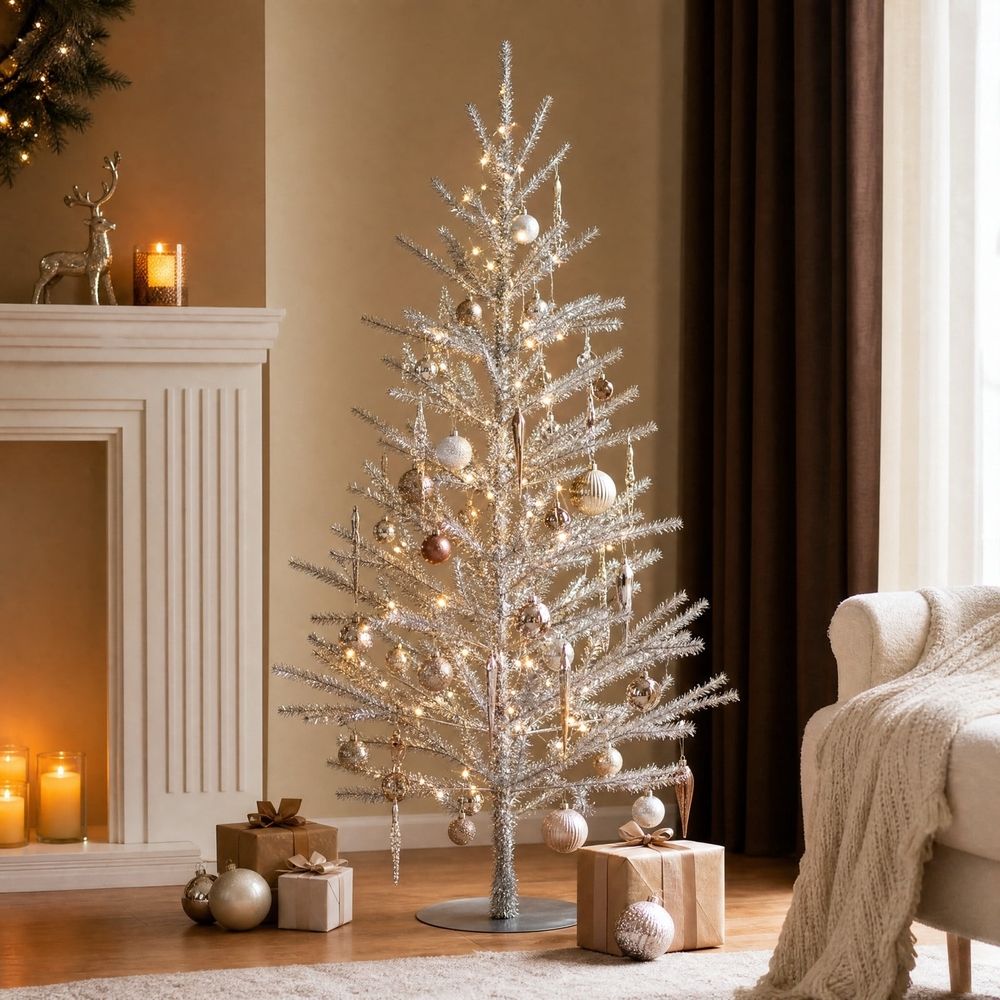 Shiny Metallic Mini Christmas Tree, Slim Pencil Artificial Tabletop Tree, Customizable Branches, Compact Reusable Holiday Decor, Ideal Mantel Window Shelf Display,Silver