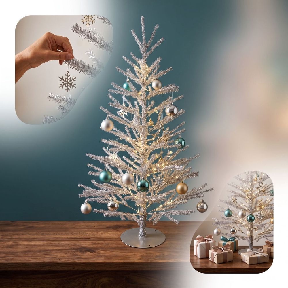 Shiny Metallic Mini Christmas Tree, Slim Pencil Artificial Tabletop Tree, Customizable Branches, Compact Reusable Holiday Decor, Ideal Mantel Window Shelf Display,Silver