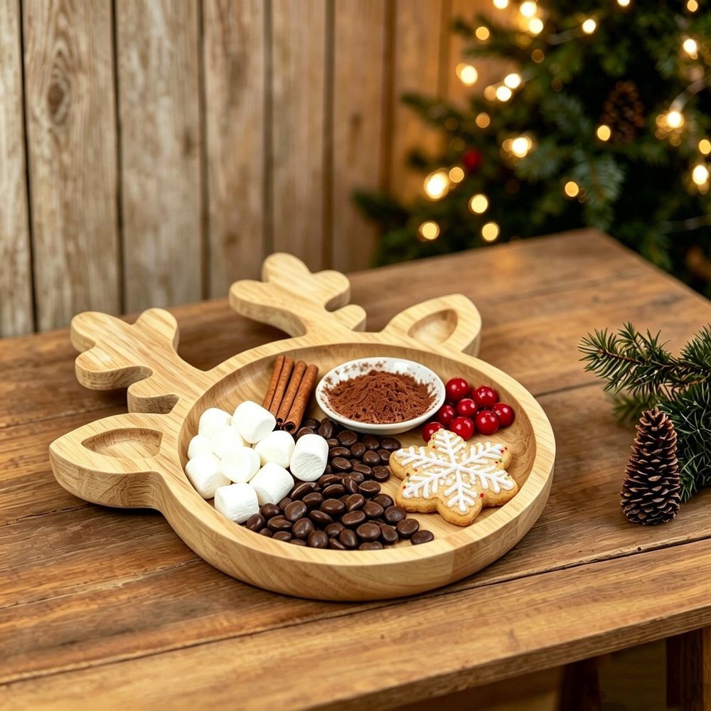 Festive Wooden Reindeer Antler Serving Tray, Divided Snack Board, Holiday Party Candy Cookie Display, Christmas Table Centerpiece, Seasonal Home Decor Gift,Khaki