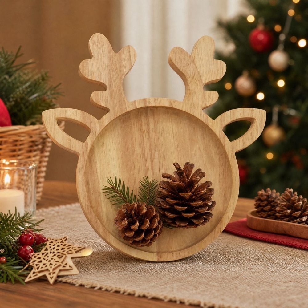 Festive Wooden Reindeer Antler Serving Tray, Divided Snack Board, Holiday Party Candy Cookie Display, Christmas Table Centerpiece, Seasonal Home Decor Gift,Khaki