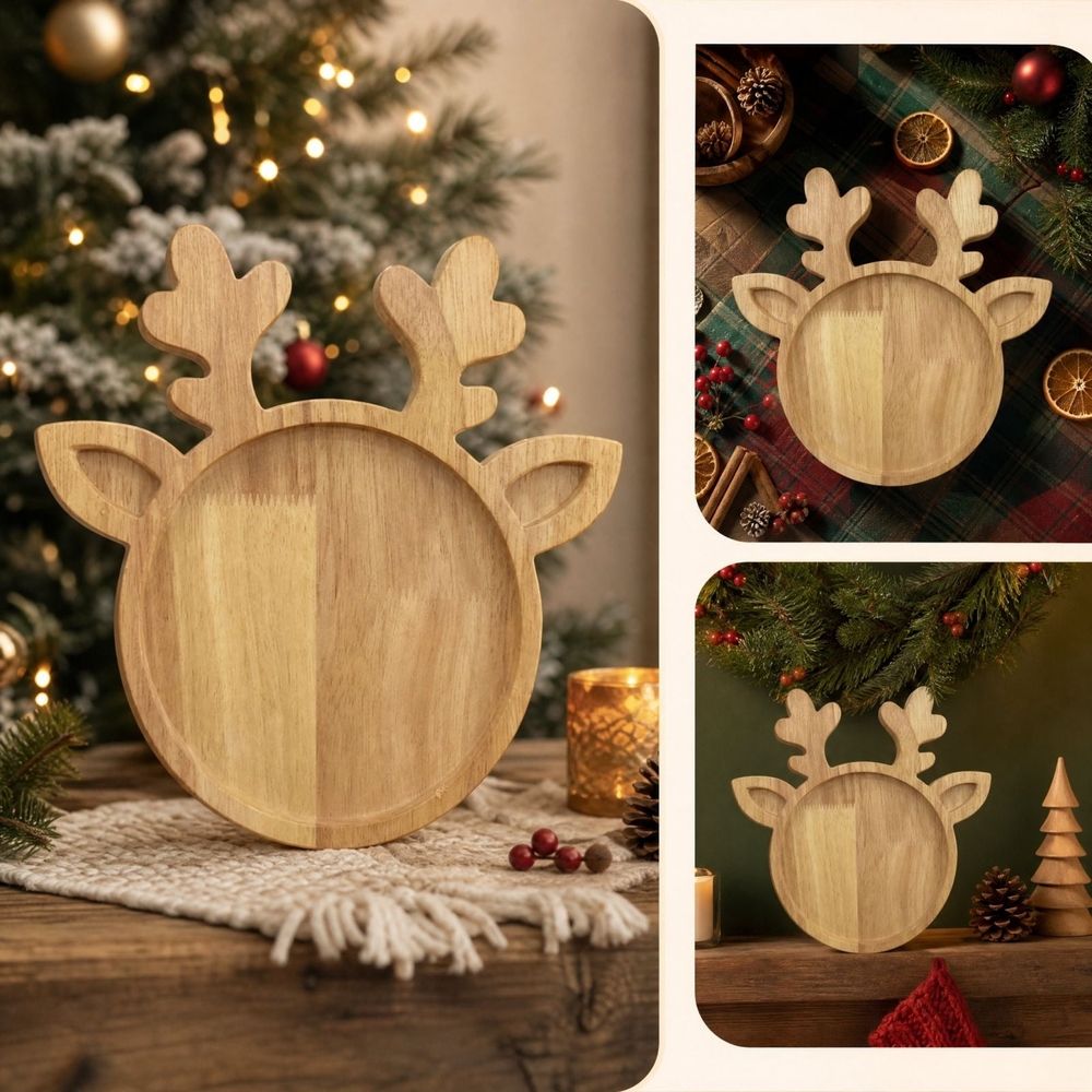 Festive Wooden Reindeer Antler Serving Tray, Divided Snack Board, Holiday Party Candy Cookie Display, Christmas Table Centerpiece, Seasonal Home Decor Gift,Khaki