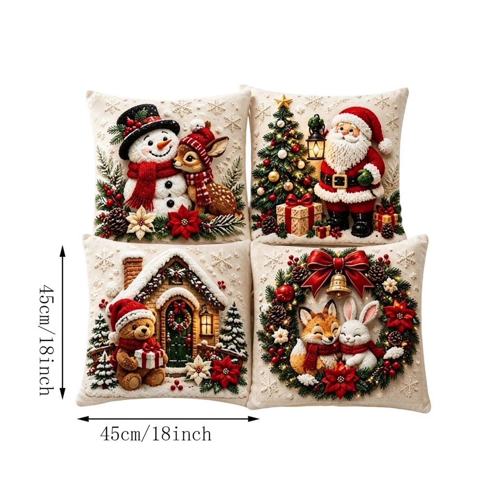 Christmas Decorative Throw Pillow Covers, 4 Pack Holiday Themed Cushion Slipcovers, Hidden Zipper Design, Embossed Visual Texture, Indoor Sofa Bedroom Living Room Decor,White