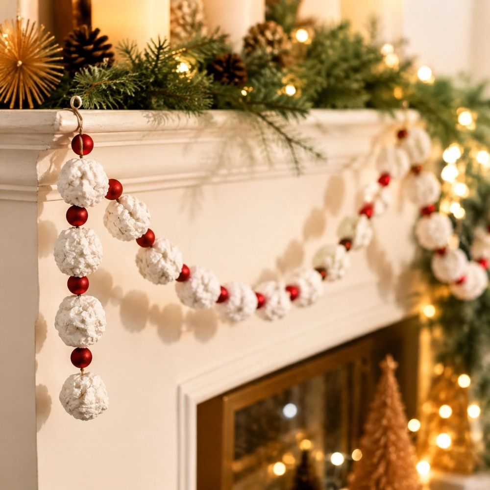 Festive Holiday Garland, Christmas Rattan Decoration, Pre-Strung Foam Ball Candy Cane Style, Lightweight Shatterproof Ornament, Versatile Draping for Tree Mantel Door Window,Red