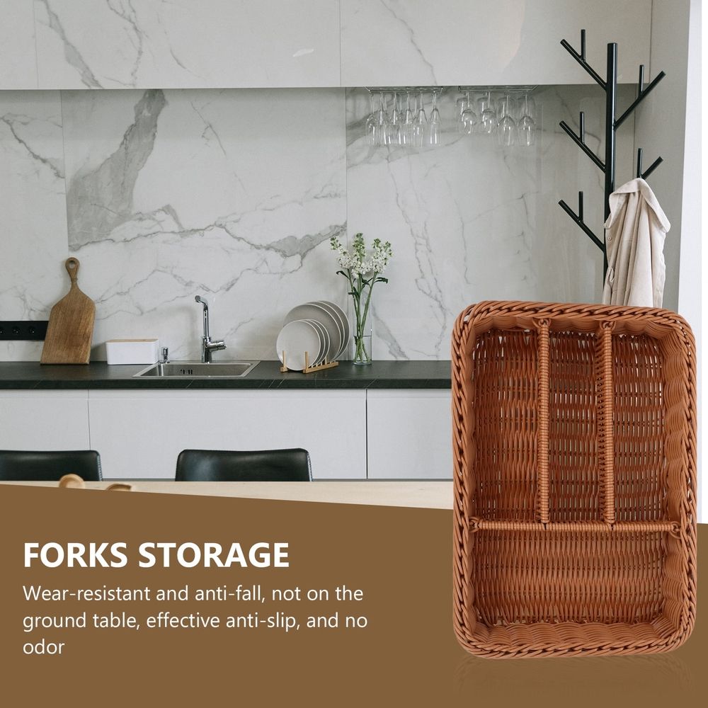 Chocolate Rattan Cutlery Tray 4 Deep Compartments for Kitchen Storage
